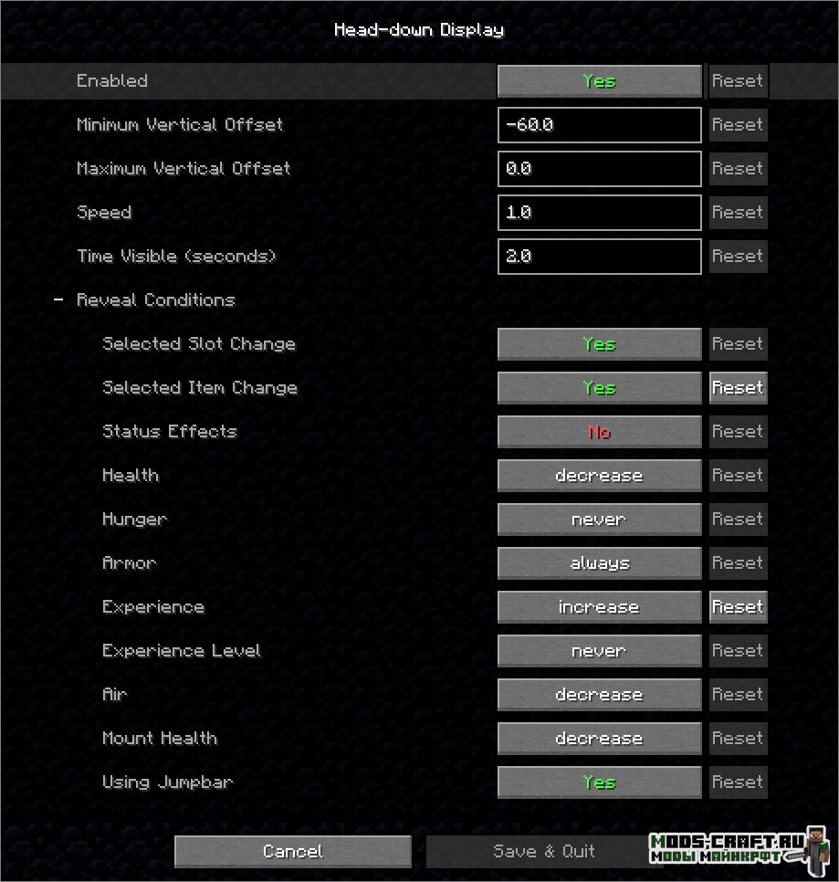 Мод Head-down Display для майнкрафт 1.16.2